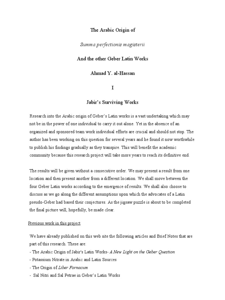 The Arabic Origin Of Summa Perfectionis Magisterii Pdf Alchemy