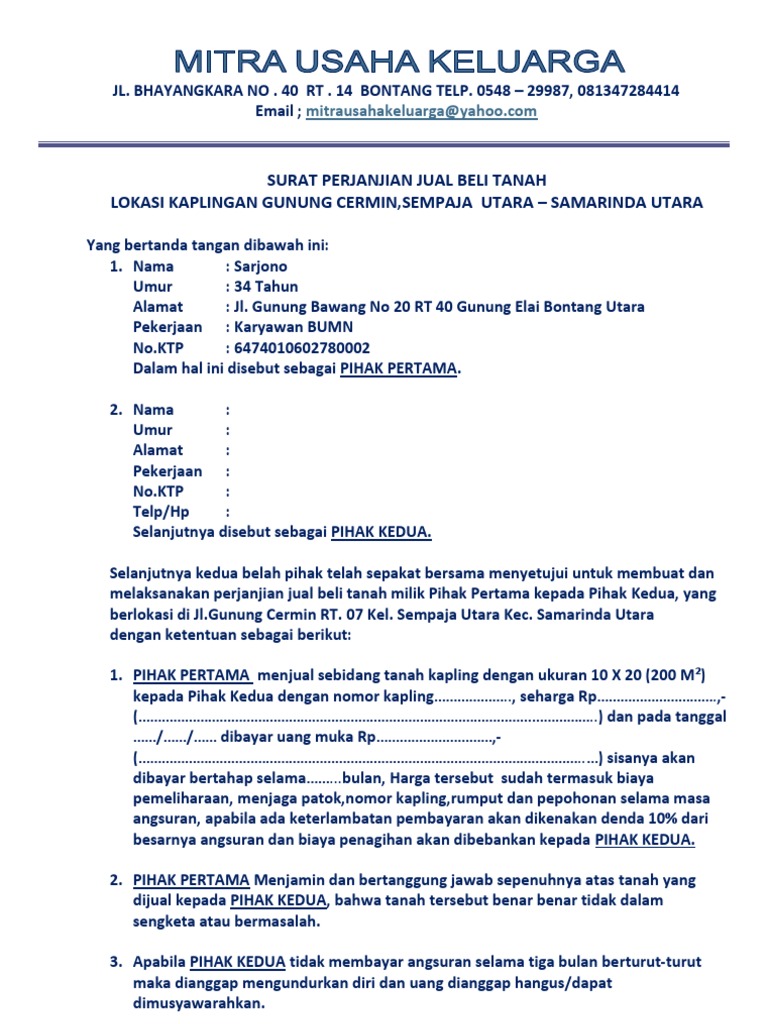 Surat Perjanjian Kredit Bontang 10x20