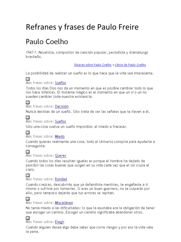 Frases Inspiradoras de Paulo Freire y Coelho | PDF | Don Quijote | Amor