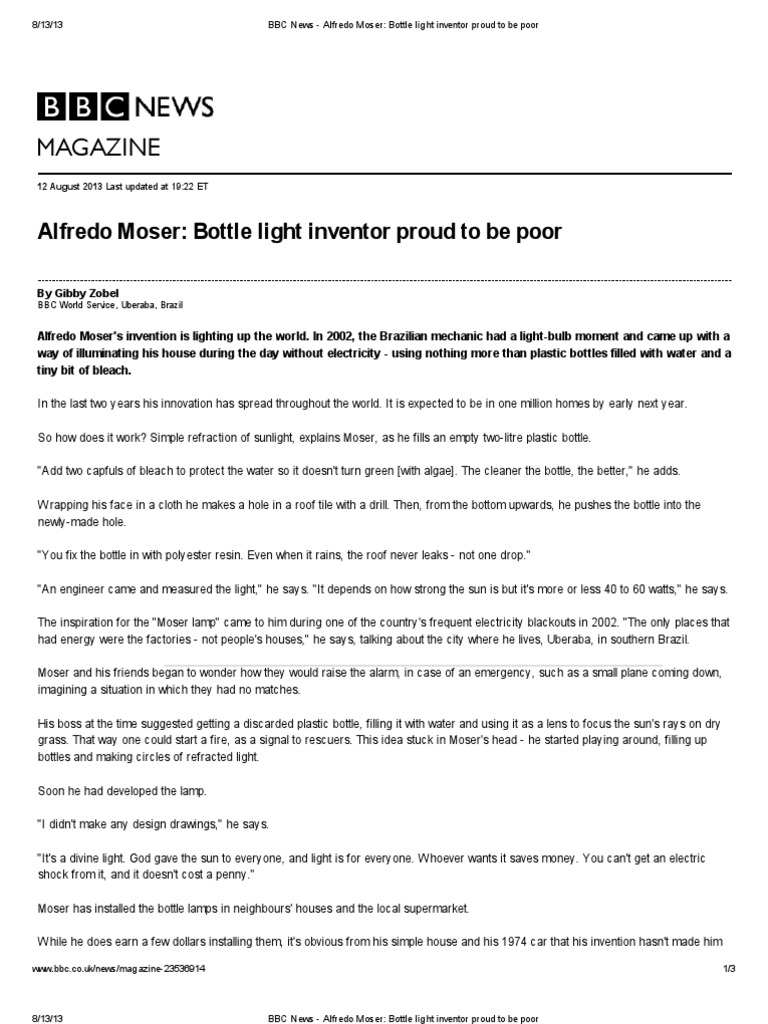 Alfredo Moser Bottle Light Inventor PDF Nature