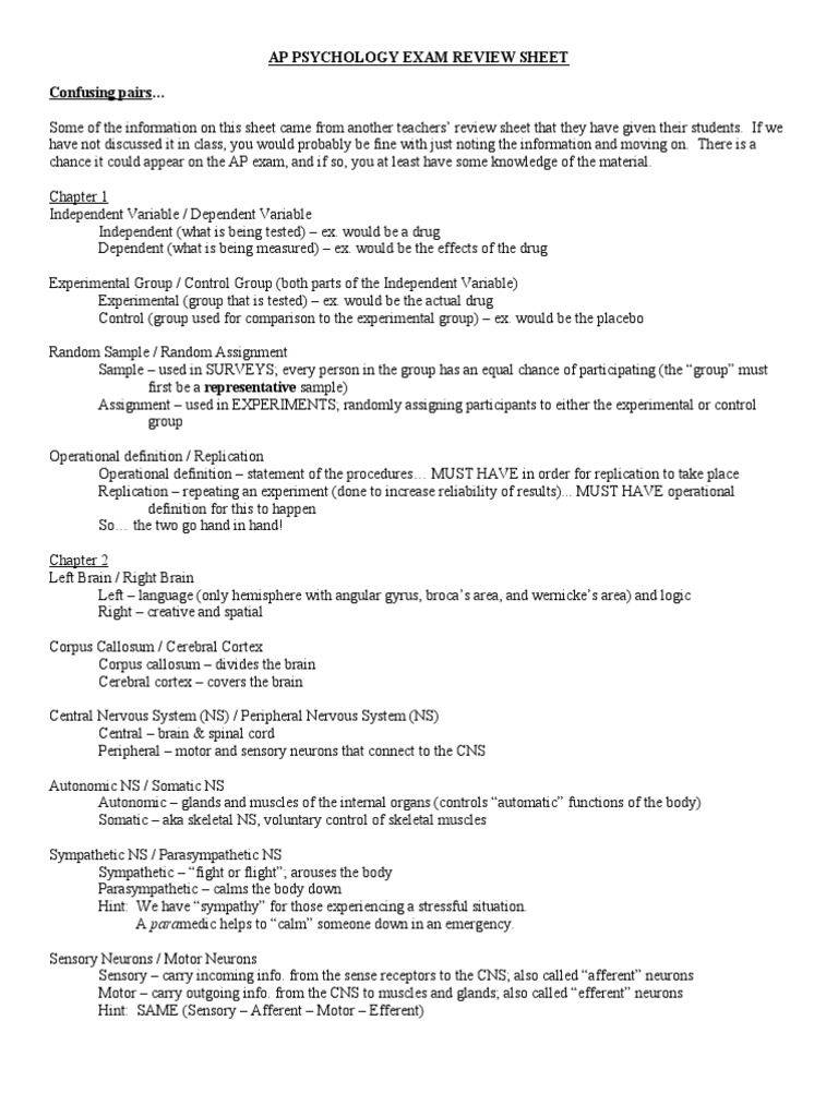 AP Psychology Exam Review Sheet An Overview of Key Concepts from
