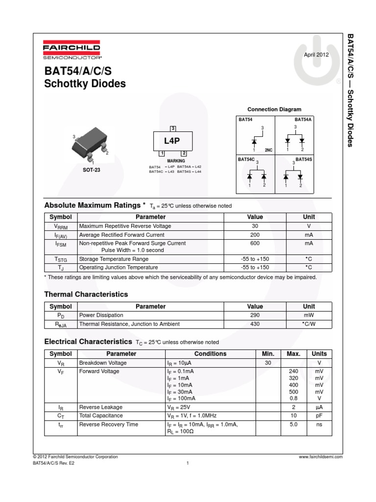 Fairchild Schottky Diodes BAT54 Datasheet Diode Electrical Equipment