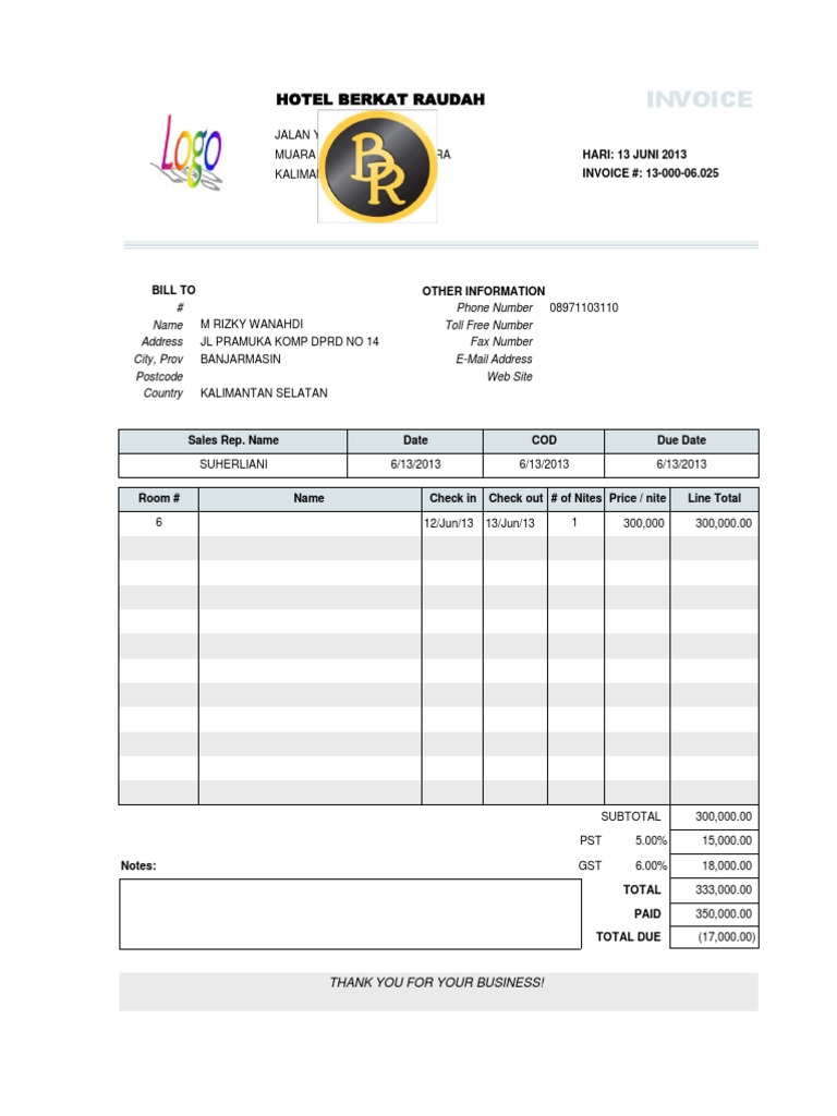 Hotel Invoice Template PDF