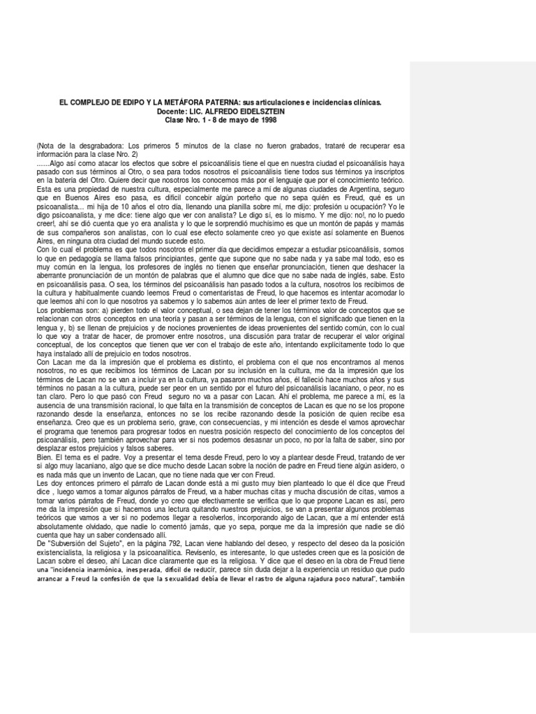 Alfredo Eidelsztein - El Complejo de Edipo y La Metafora Paterna | PDF ...