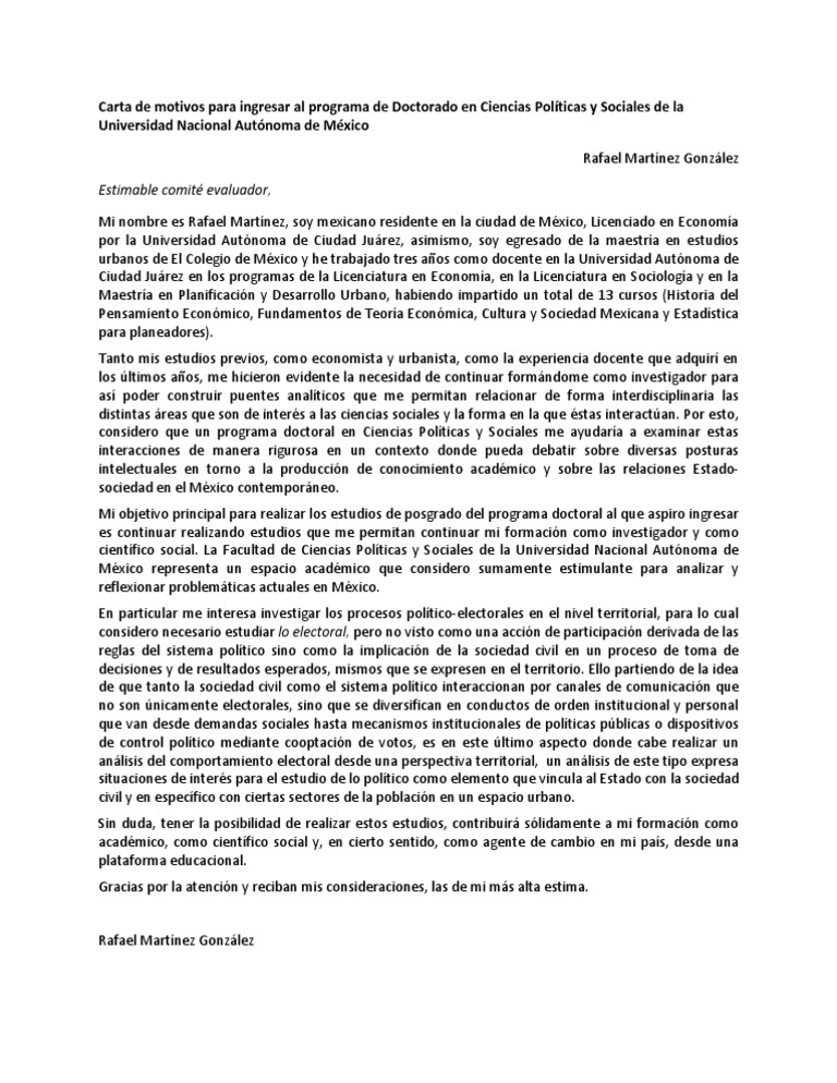 Carta de motivos para ingresar al programa de Doctorado en