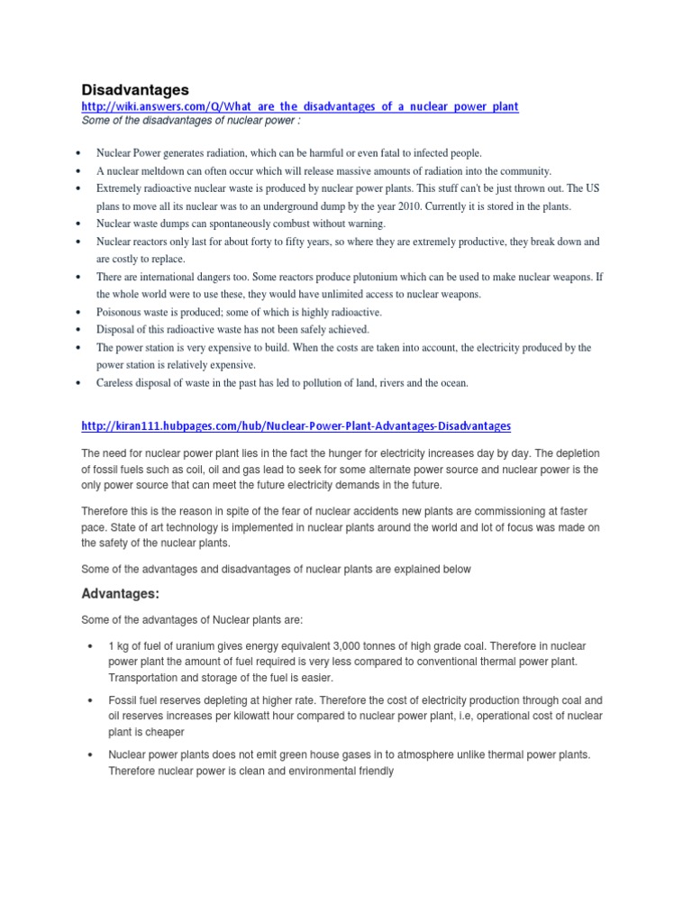 Disadvantages of Nuclear Power Plants | PDF | Nuclear Power | Nuclear  Reactor