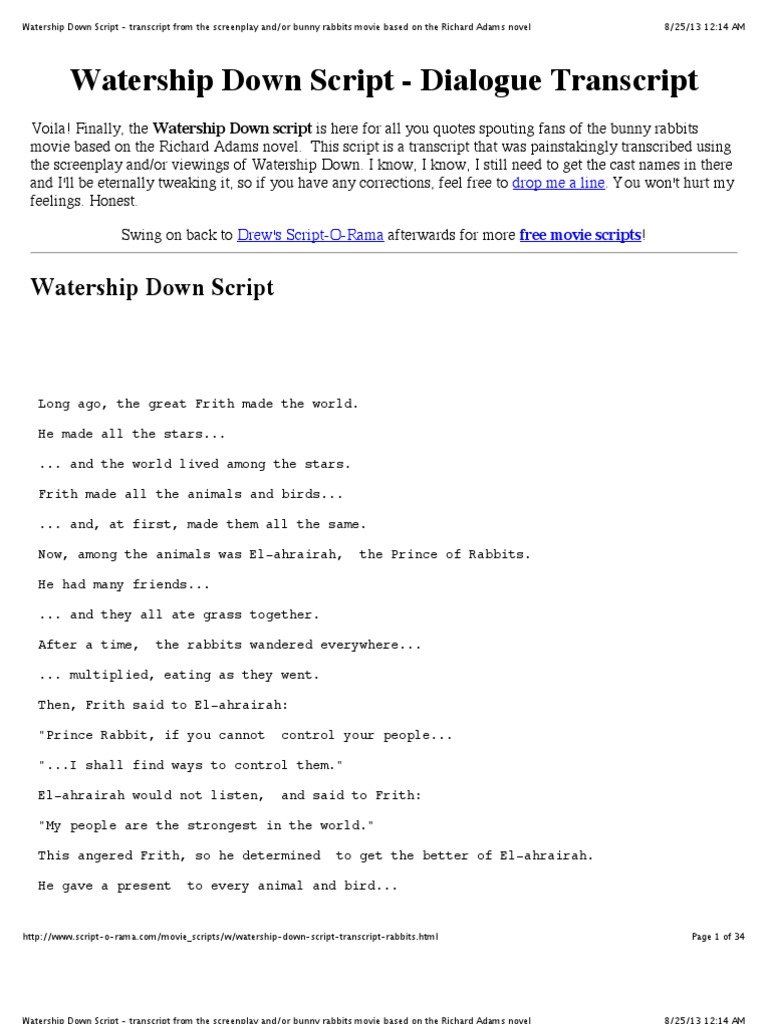Watership Down Script - Transcript From The Screenplay And:or Bunny ...
