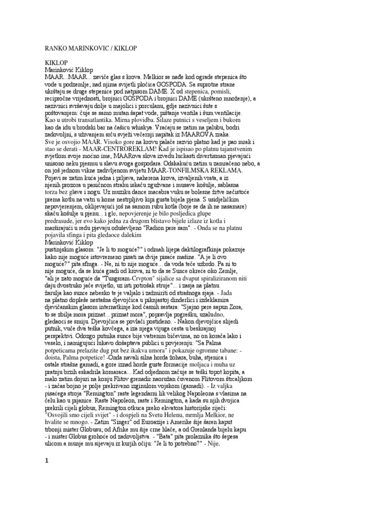 Ranko Marinkovic - Kiklop | PDF