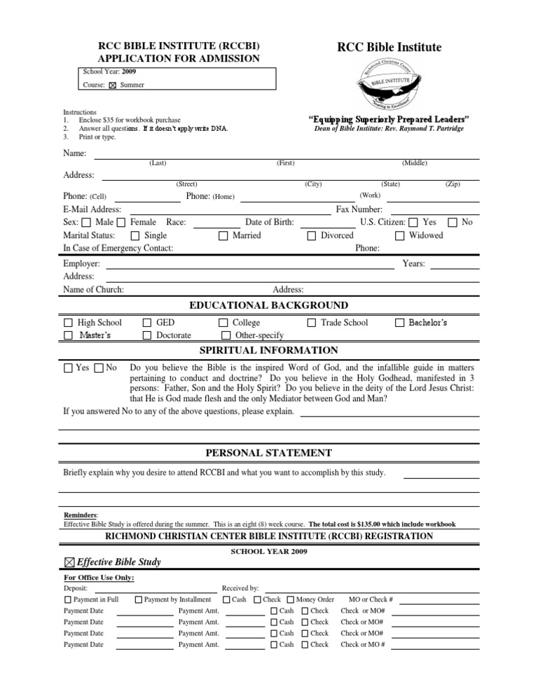 RCC Bible Institute Admission Application | PDF | Bible Study ...