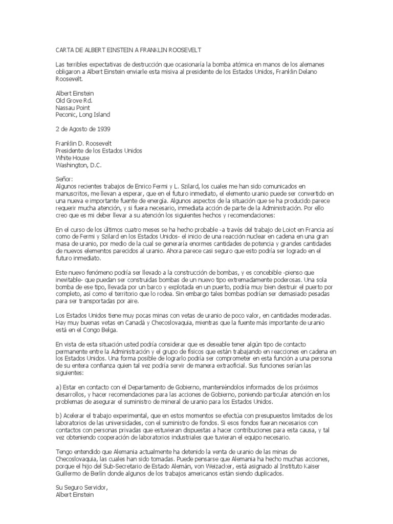 Carta de Albert Einstein A Franklin Roosevelt  Alemania  Política mundial