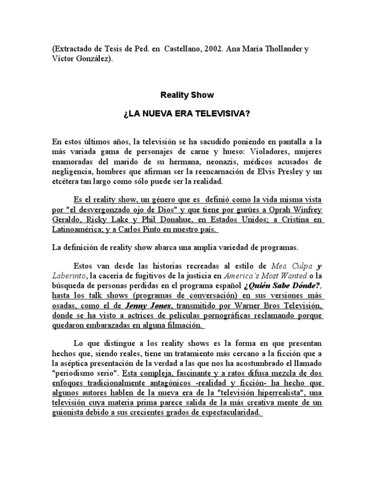 Reality Shows: La Nueva Televisión | PDF | Televisión de realidad ...