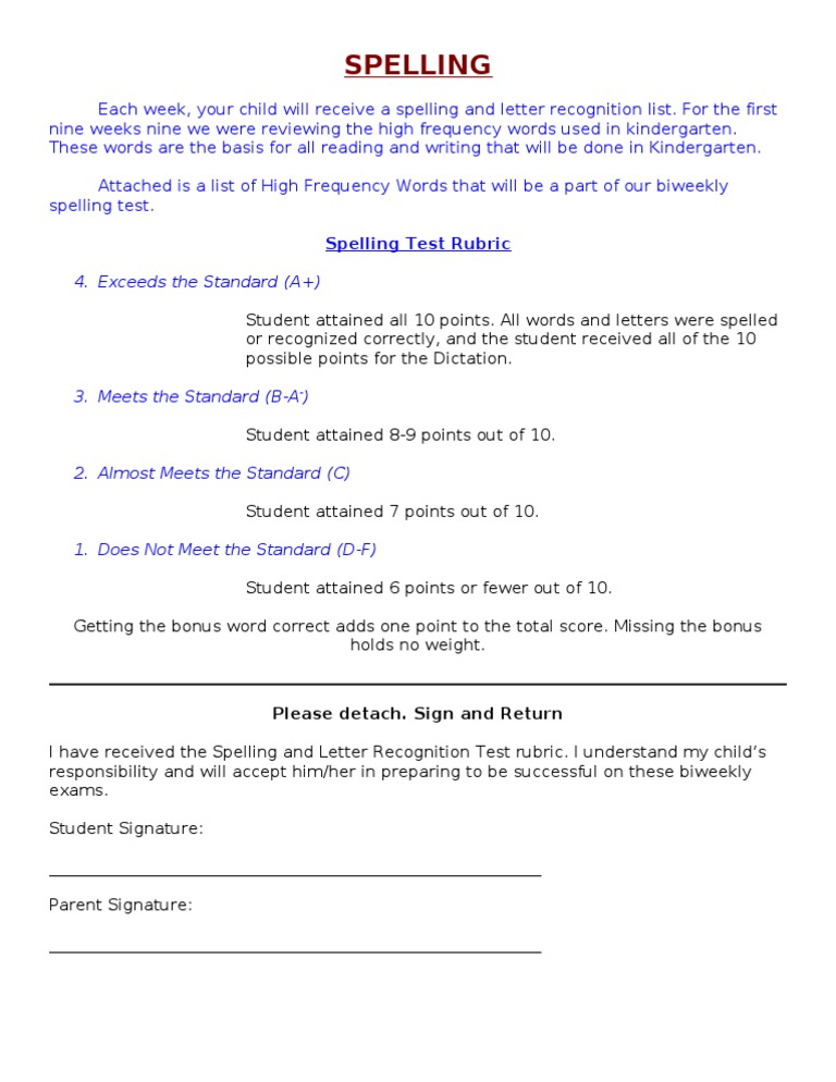 Spelling Test Information and Rubric | PDF | Language Arts & Discipline ...