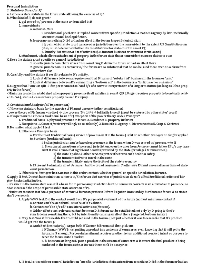 1L Personal Jurisdiction Final Outline | PDF | Personal Jurisdiction ...