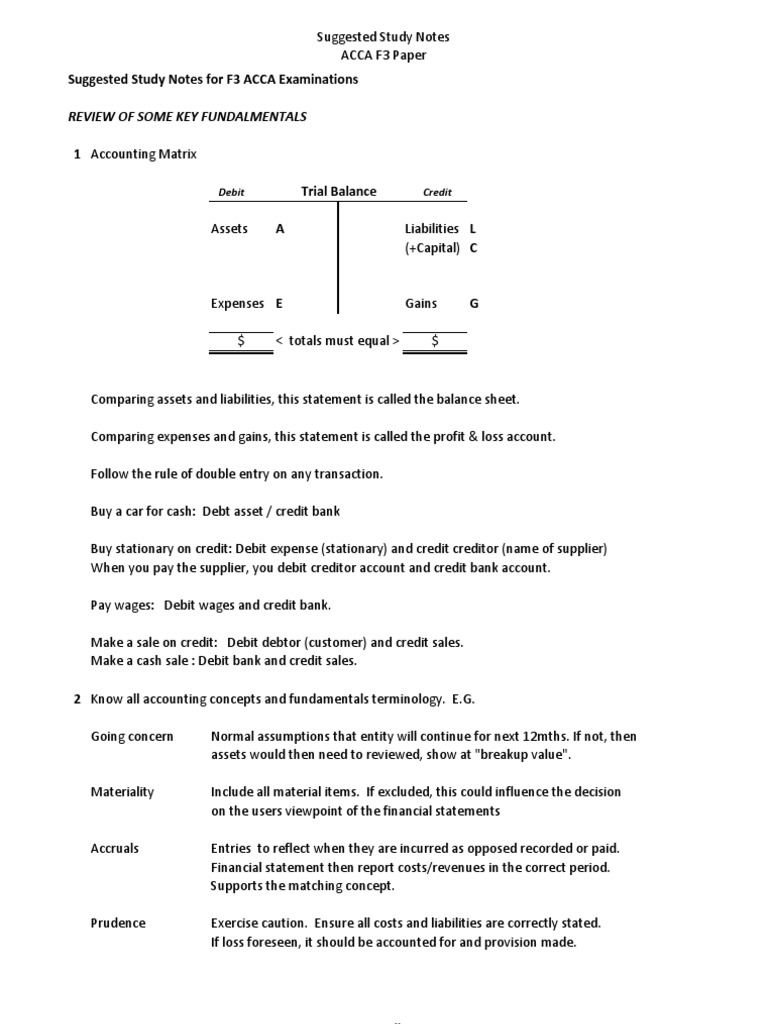 ACCA F3 Study Notes Overview | PDF | Debits And Credits | Income Statement
