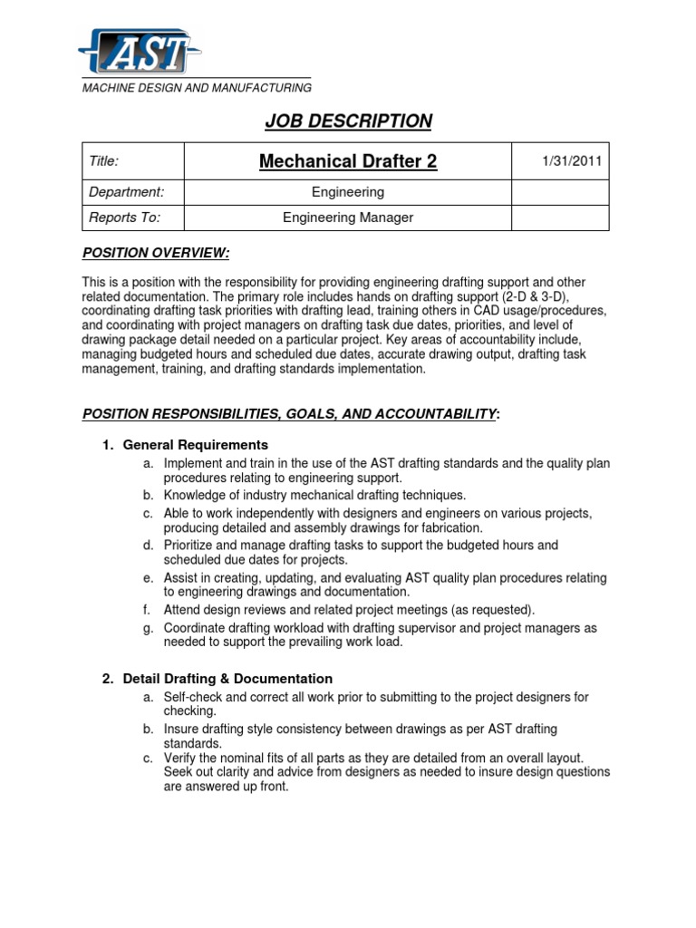 AST Job Description MechDrafter2 Technical Drawing AST Job Description MechDrafter2 Technical Drawing