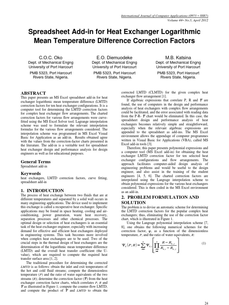 Heat Exchanger LMTD Spread Sheet PDF