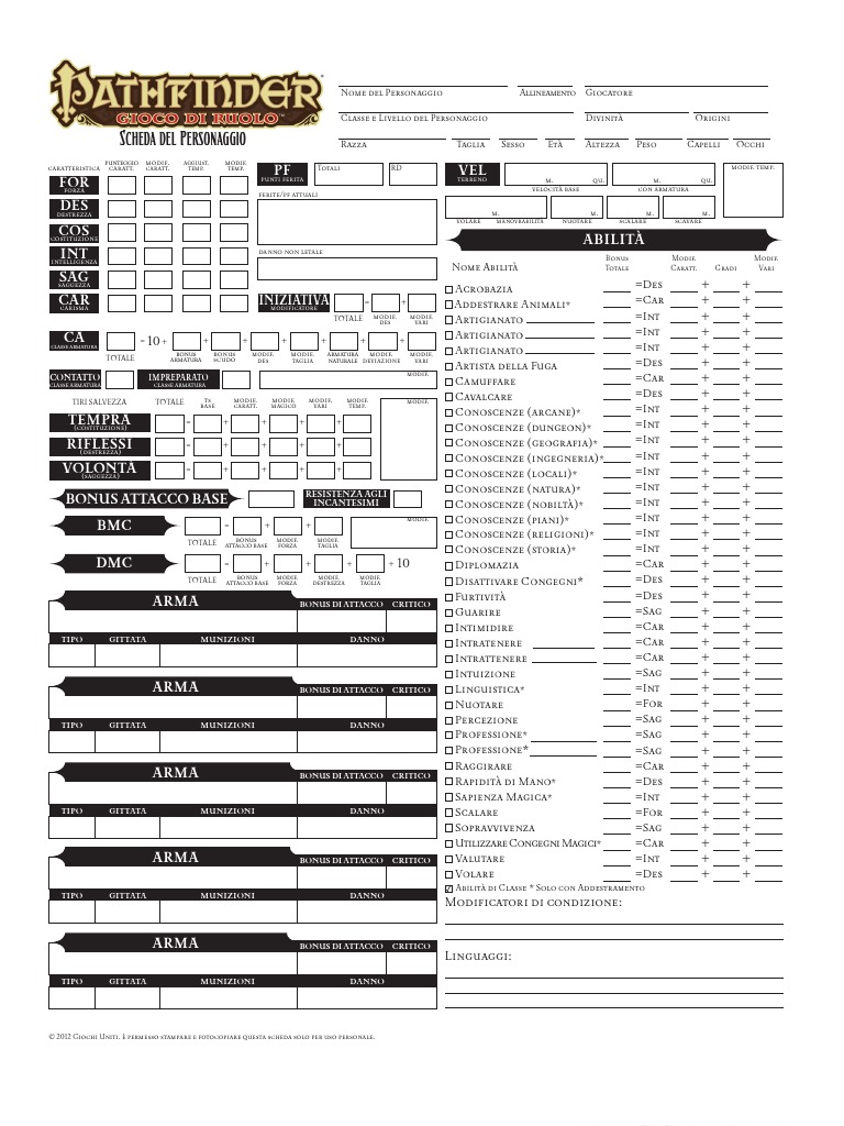 Scheda Personaggio Pathfinder