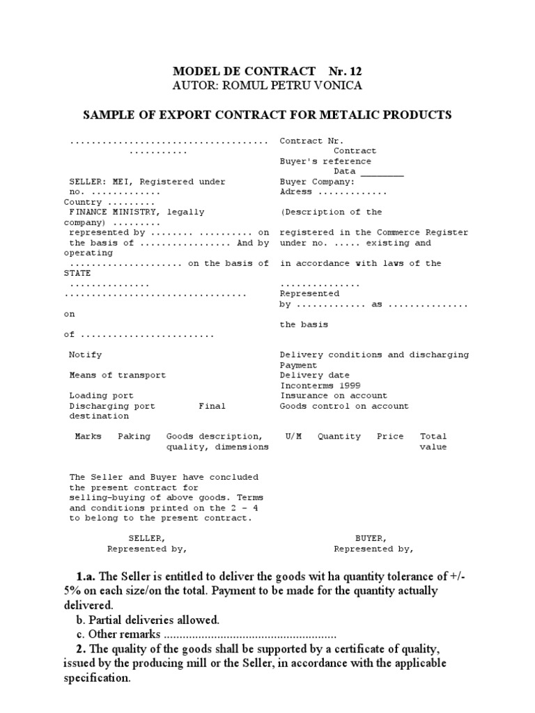 Sample of Export Contract Private Law Business Law