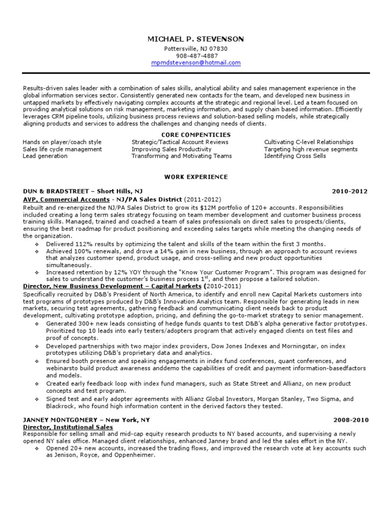 Sales Lead Manager in NYC Resume Michael Stevenson | Hedge ...