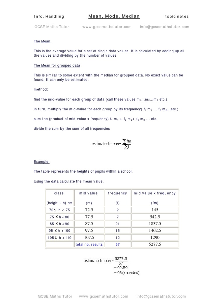 Mean, Mode, Median & Range, information handling revision notes from