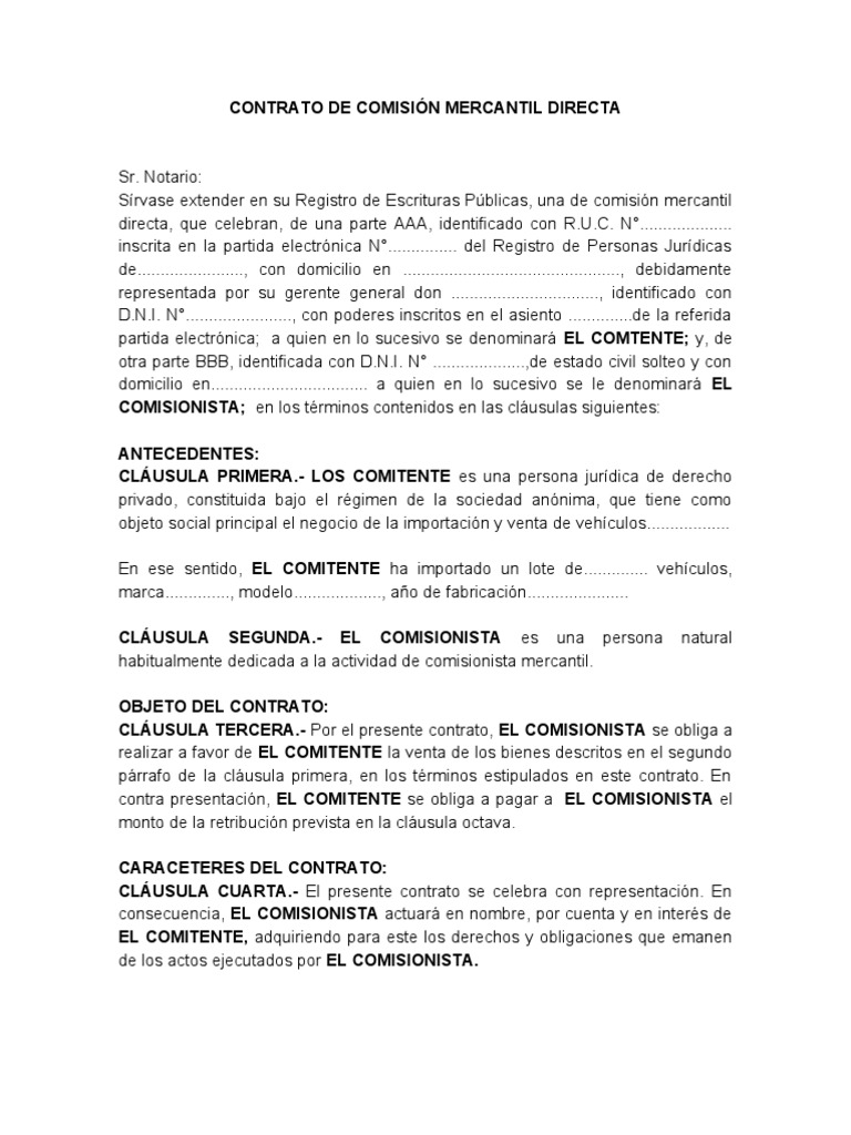 CONTRATO DE COMISIÓN MERCANTIL DIRECTA Pagos Justicia