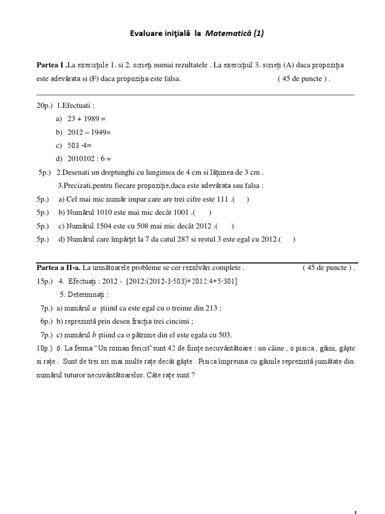Test Initial Matematica Clasa 5 - Evaluarea Cunostintelor Fundamentale