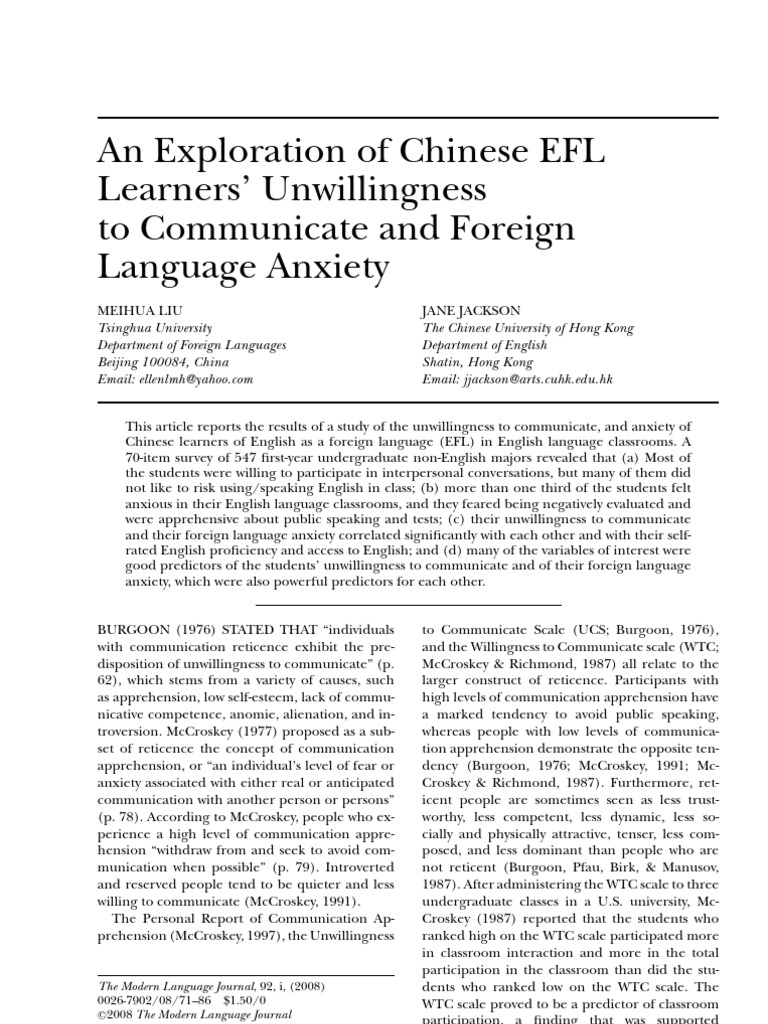 Chinese EFL Learners' Communication Anxiety | PDF | Anxiety | English ...