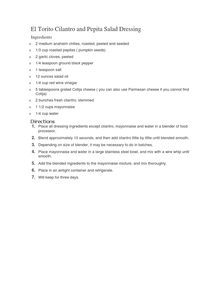 El Torito Cilantro and Pepita Salad Dressing PDF