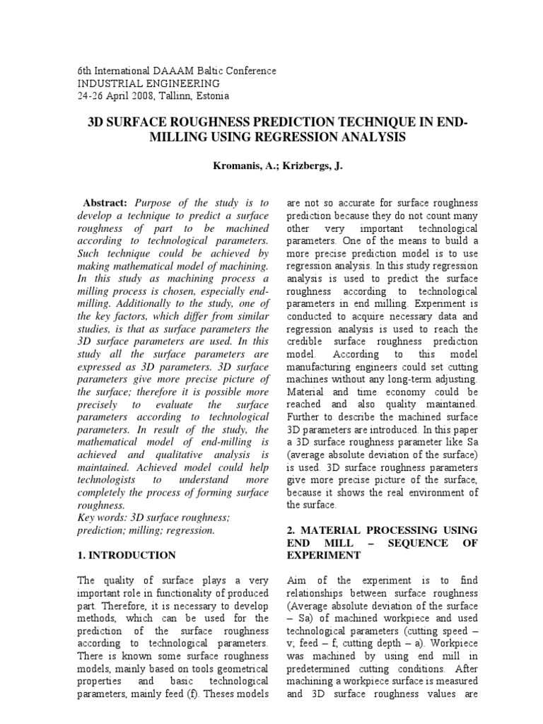 3d Surface Roughness Prediction Technique in End Milling PDF