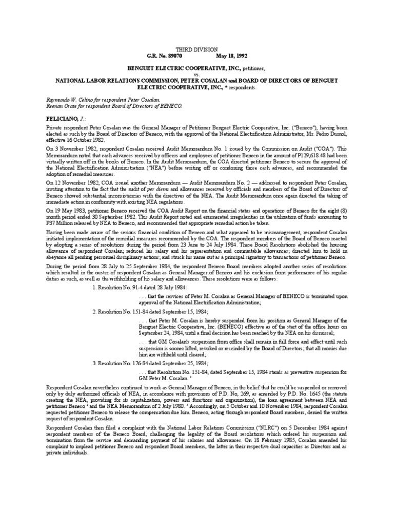 Benguet Electric Cooperative v. NLRC | PDF | Board Of Directors ...