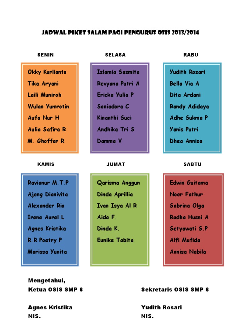 Jadwal Piket Salam Pagi Pengurus Osis 2013