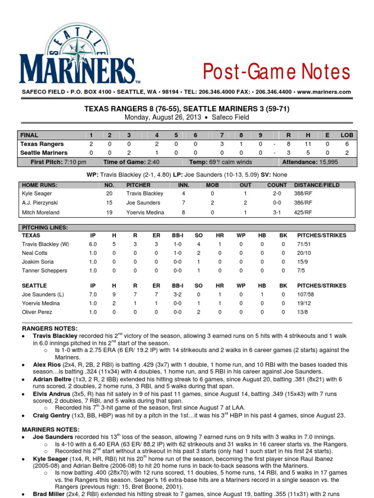 08.26.13 Post Game Notes | PDF | Home Run | Run (Baseball)