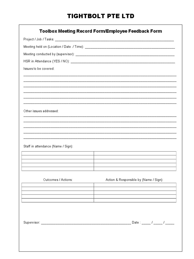 Toolbox Meeting Record Form  PDF Intended For Toolbox Meeting Template Doc