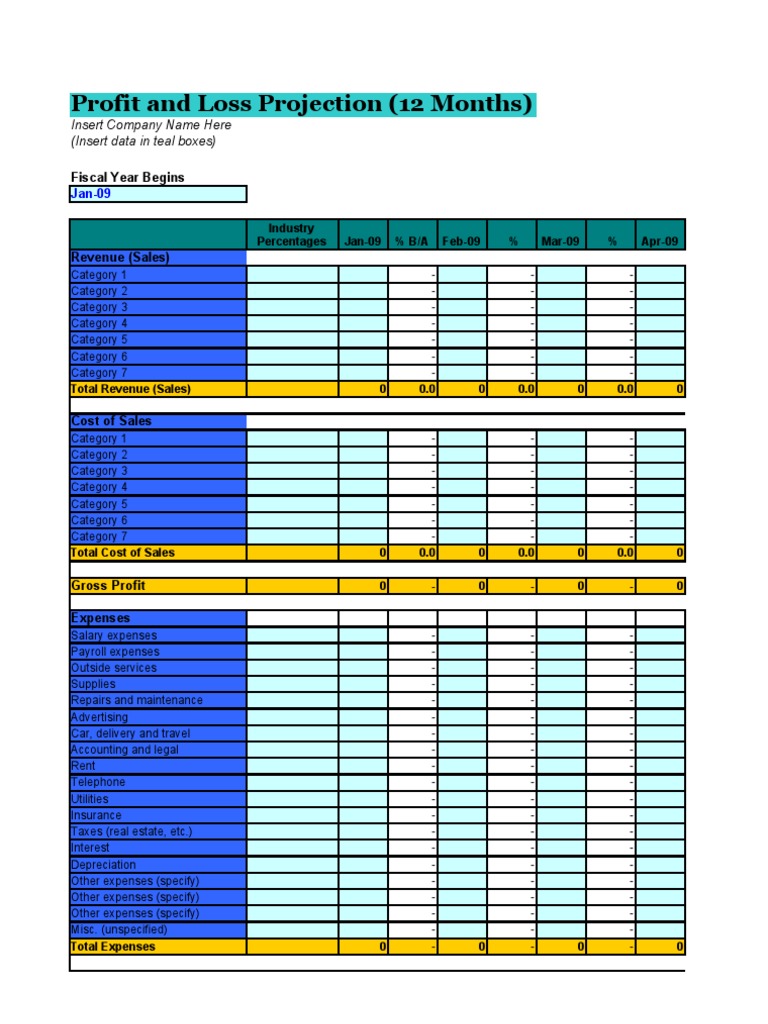 12 Month Profit and Loss Worksheet | Expense | Income Statement