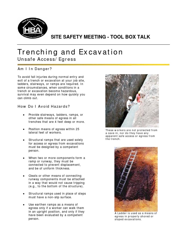 Tool Box Talk 207 Excavation Egress OSHA PDF Occupational Safety And Health