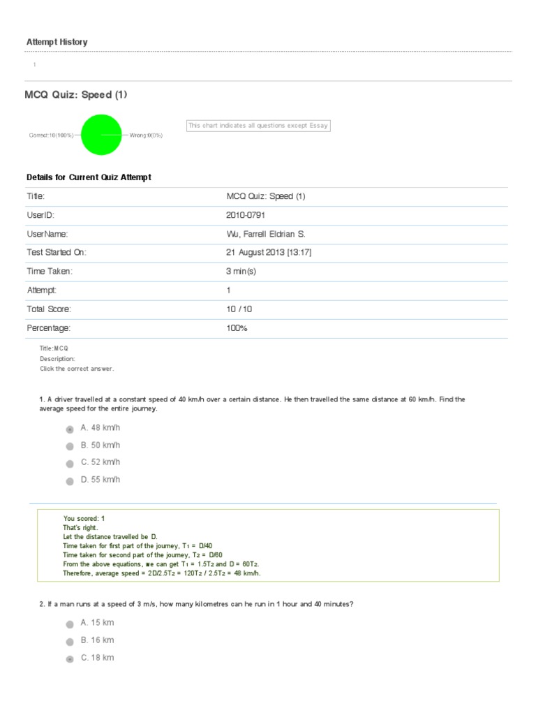 MCQ Quiz on Speed: Attempt Results | PDF | Speed | Quantity
