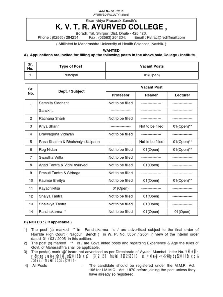 Vacancy For Teaching Faculty PDF Lecturer Ayurveda