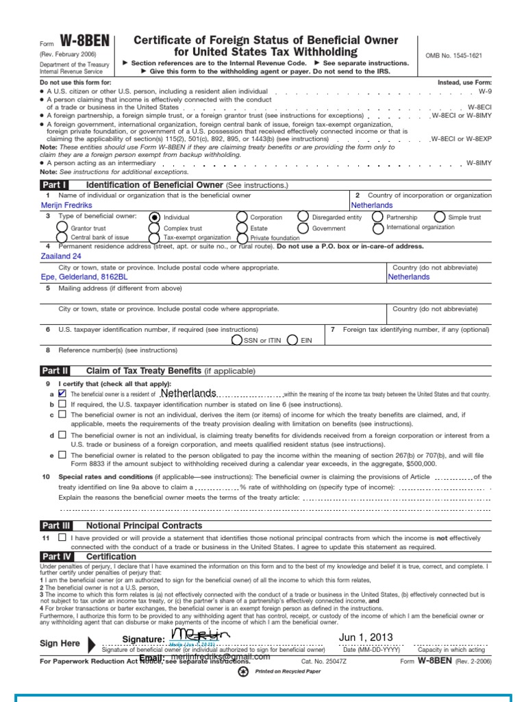 Merijn 2013 W8BEN Form Signed Withholding Tax Public Finance