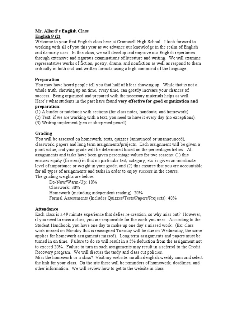 Course Syllabus and Expectations 2013 English 9-2 | PDF | Homework ...