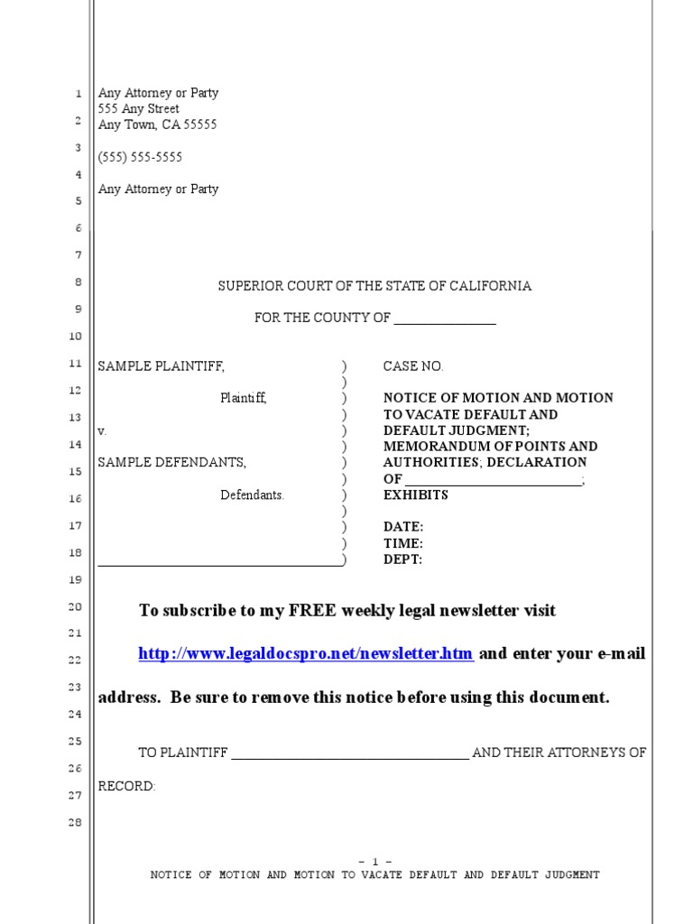 Sample Motion To Vacate Void Judgment In California Under Code Of Civil Procedure Section 473 D Default Judgment Lawsuit