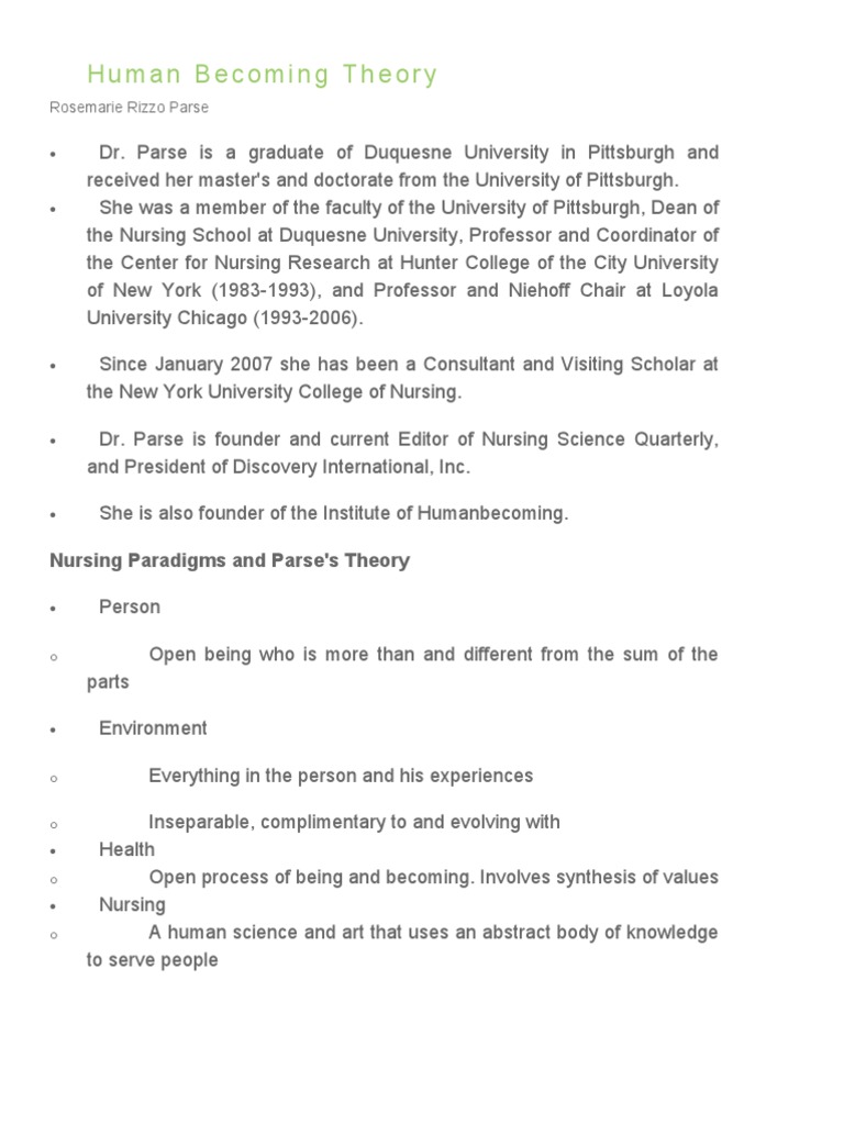 Parse nursing theory application picture