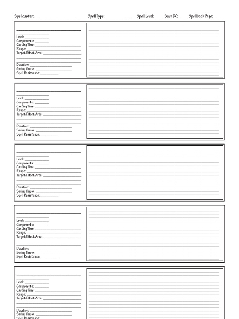 Spellcaster: Spell Type: Spell Level: Save DC: Spellbook Page | PDF ...