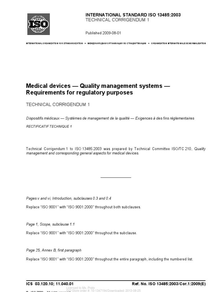 ISO 13485:2003 Technical Corrigendum | PDF