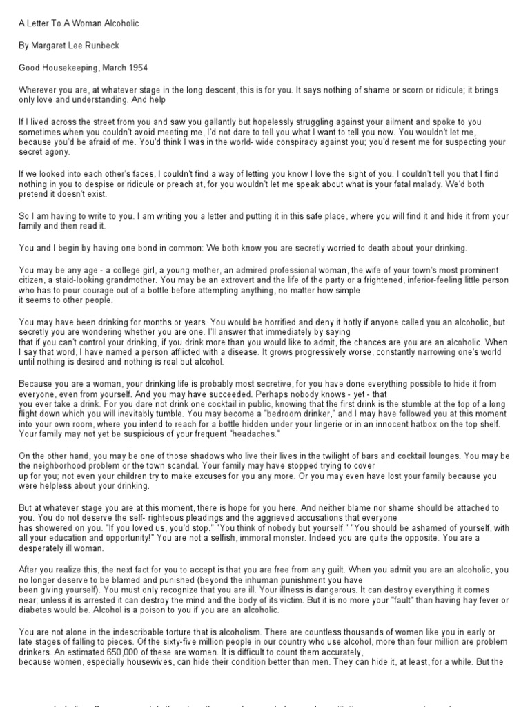 AA Letter to a Woman Alcoholic Alcoholics Anonymous Alcoholism