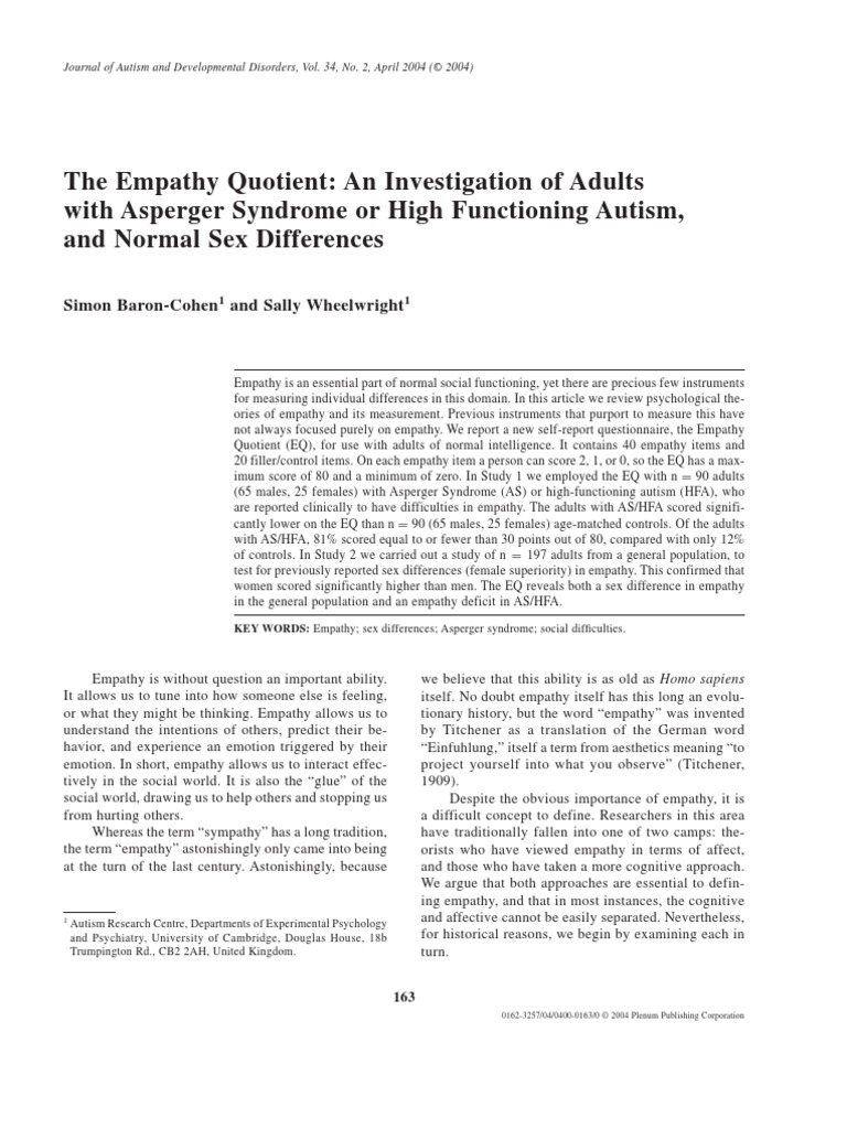 The Empathy Quotient (EQ) PDF Empathy Autism