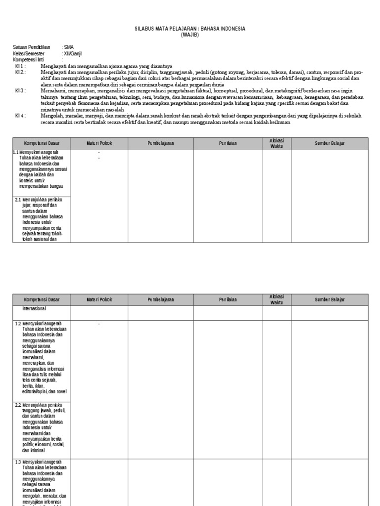 Silabus Bahasa Indonesia Kelas Xii Wajib1(1)