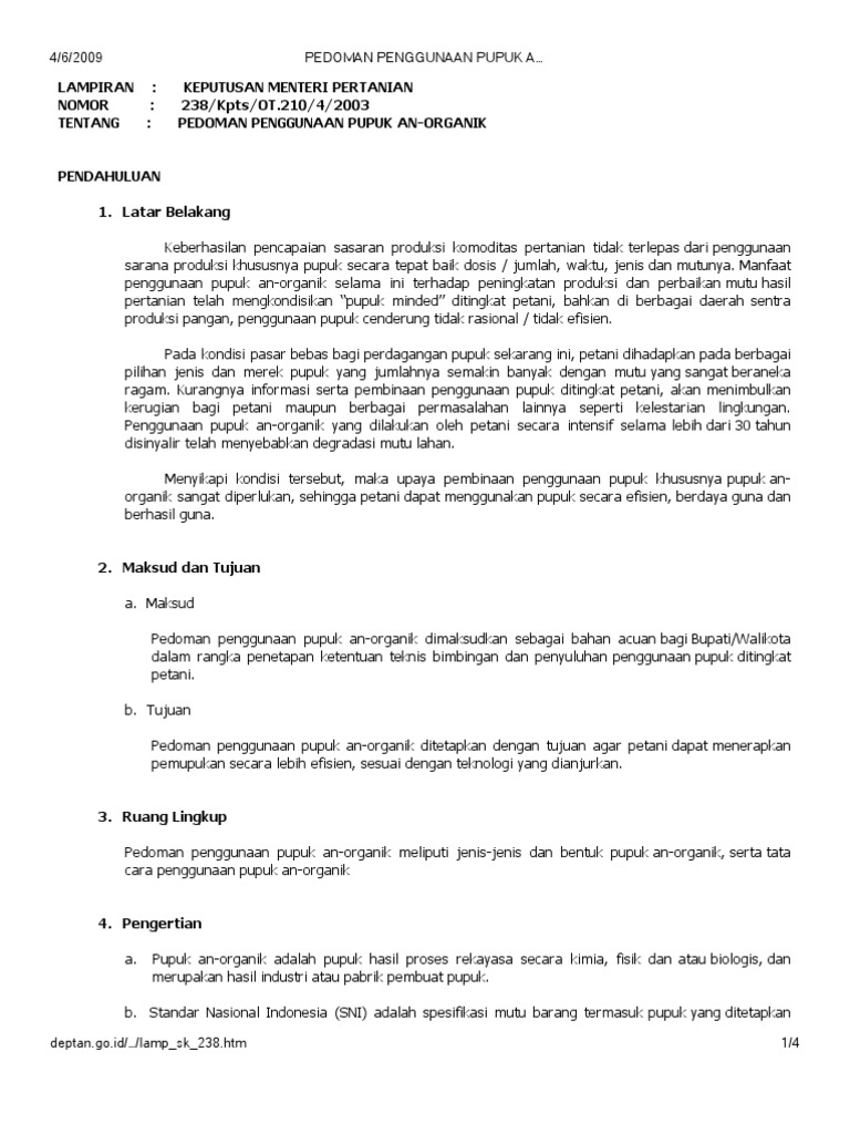 Kepmentan 238 Ttg Pedoman Penggunaan Pupuk an Organik Kepmentan 238 Ttg Pedoman Penggunaan Pupuk an Organik