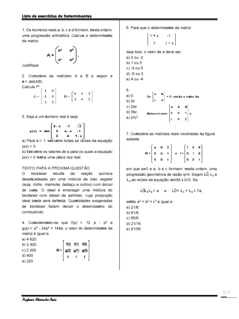 Lista De Exercícios Sobre Matrizes E Determinantes