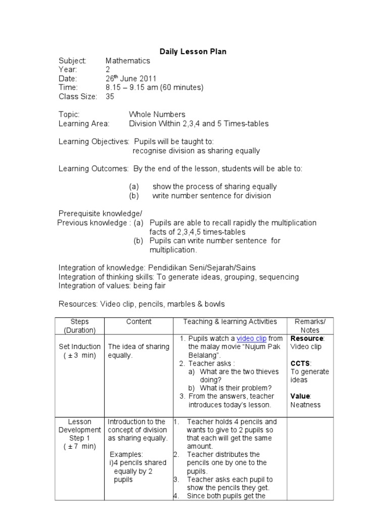 Division Lesson Plan for Year 2 | PDF | Lesson Plan | Education Theory