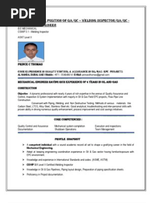 Resume for the Position of Qa-qc Welding Inspector or Qa-qc Mechanical Engineer
